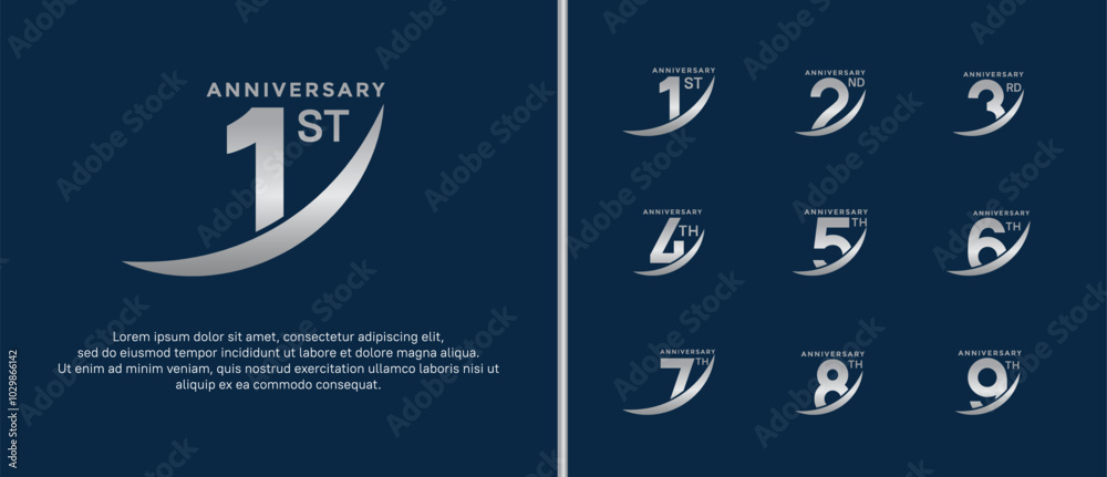 Naklejka premium set of anniversary logo flat silver color on blue background for celebration moment