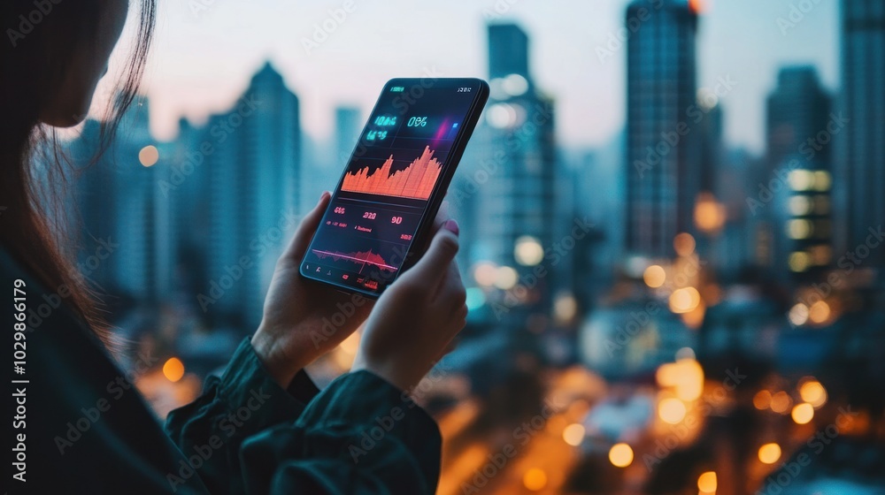A woman holding a smartphone with a stock market chart on the screen, against the backdrop of a city skyline at night. A woman holding a smartphone with a stock market chart on the screen, against the backdrop of a city skyline at night.