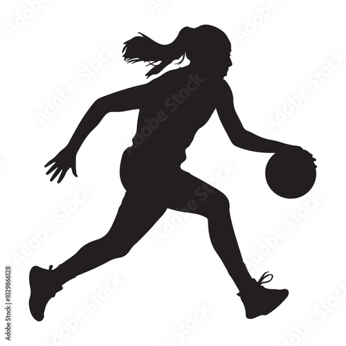 Black silhouette of a women's basketball girl player who jumps high to throw a ball into a hoop with two hands