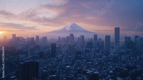 Tokyo skyline with Mount fuji panolamic view, twilight scene of city buildings with snow-covered Fuji background photo