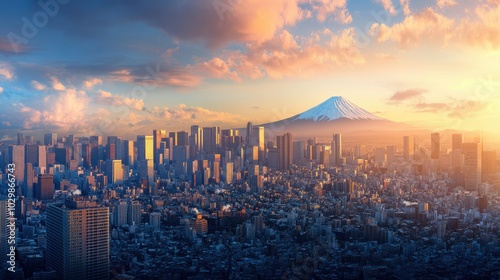 Tokyo skyline with Mount fuji panolamic view, twilight scene of city buildings with snow-covered Fuji background photo