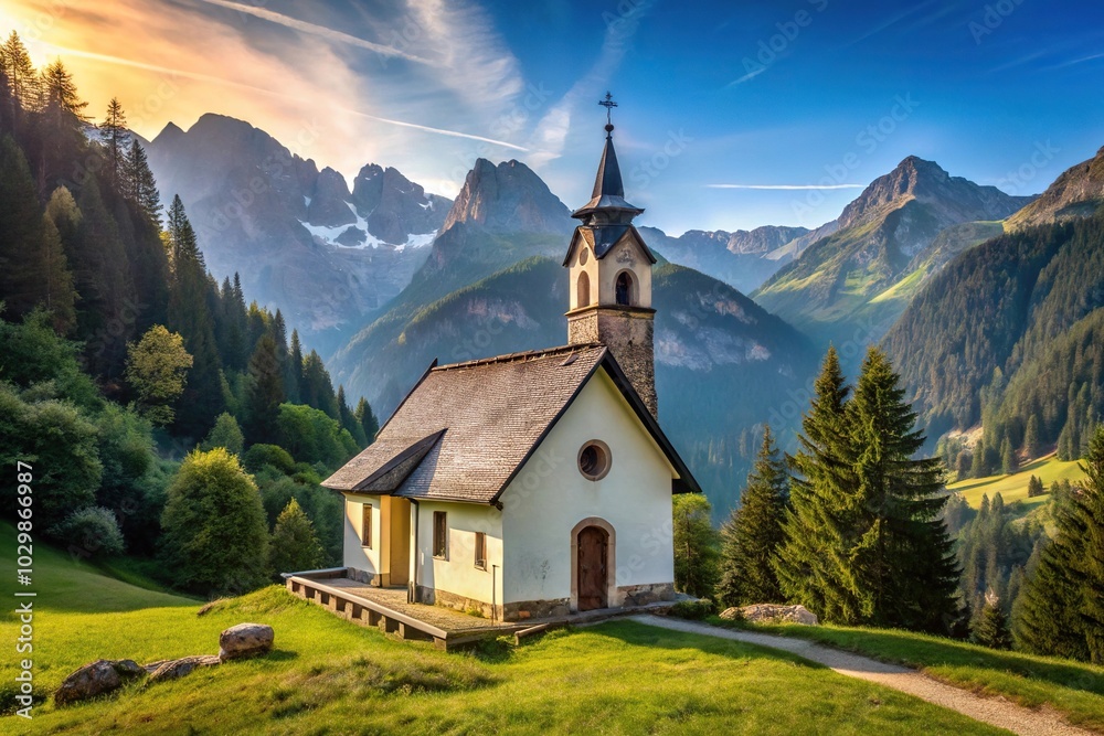 Serene church nestled in the mountains Serene church nestled in the mountains