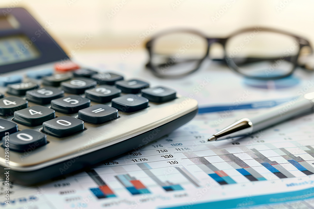 A desk is set up for financial analysis with a calculator, detailed graphs, and a pen, showcasing an organized workspace filled with charts and data A desk is set up for financial analysis with a calculator, detailed graphs, and a pen, showcasing an organized workspace filled with charts and data
