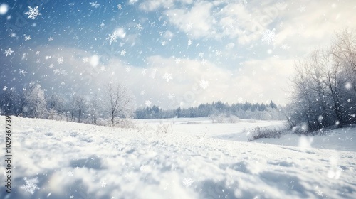 Snowflakes falling heavily on a winter landscape.