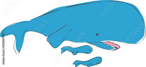 A mother whale and her baby swim happily together in the ocean.