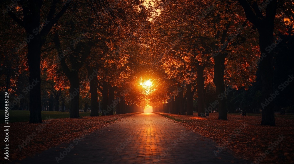 Fototapeta premium An autumnal night casts an ethereal glow on a park alley, illuminating the silhouettes of trees against a dusky sky.