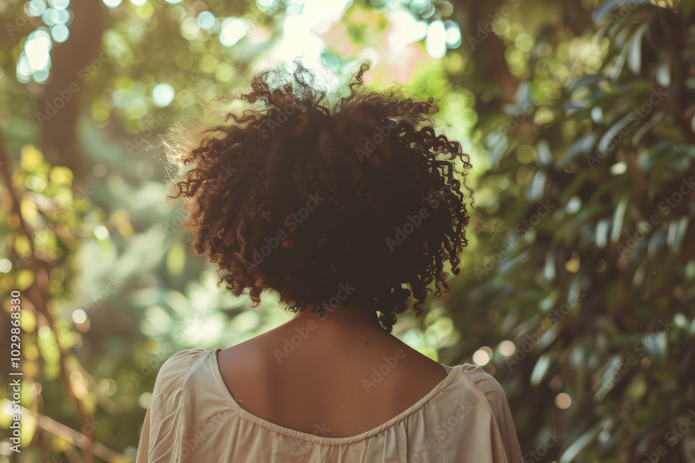 A person with curly hair enjoys a moment in a vibrant garden filled with greenery, basking in the warmth of the sun and appreciating the serene surroundings A person with curly hair enjoys a moment in a vibrant garden filled with greenery, basking in the warmth of the sun and appreciating the serene surroundings