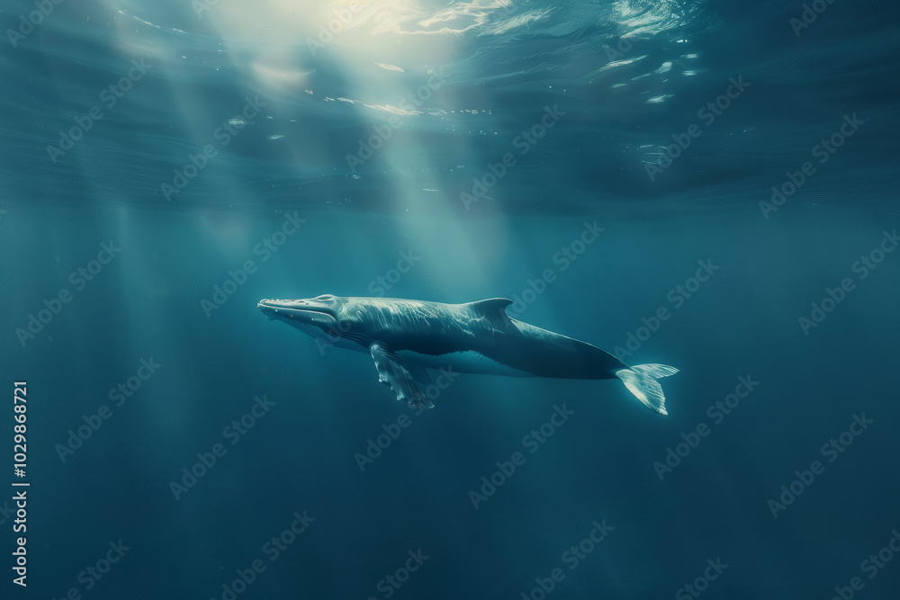 Fototapeta premium A majestic whale moves elegantly through deep blue waters, illuminated by sunlight streaming down from the surface, creating a serene underwater atmosphere