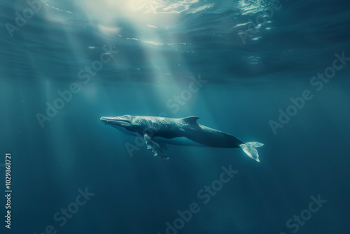 A majestic whale moves elegantly through deep blue waters, illuminated by sunlight streaming down from the surface, creating a serene underwater atmosphere