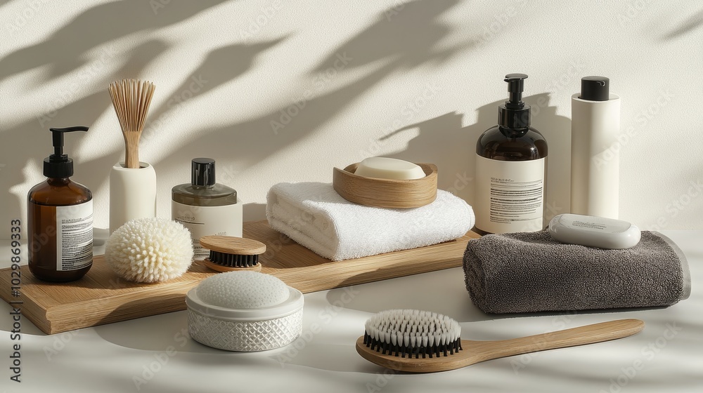 Assortment of personal care items displayed on a white background, including bath accessories. Assortment of personal care items displayed on a white background, including bath accessories.