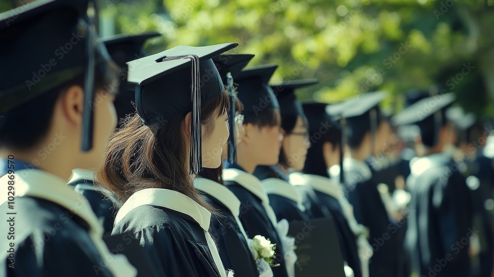 Obraz premium At a graduation ceremony, celebrants adorned in black caps gather to recognize students' academic achievements as they receive their higher education certificates tied with ribbons.
