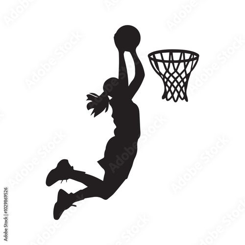 vector silhouette of a female basketball player slam dunk, scoring the ball to the net