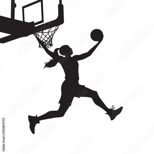 vector silhouette of a female basketball player slam dunk, scoring the ball to the net