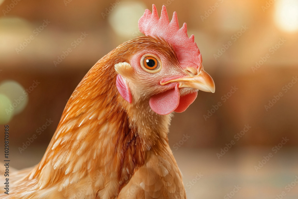 A brown chicken with a sharp beak and vibrant comb, illuminated by soft, warm sunlight