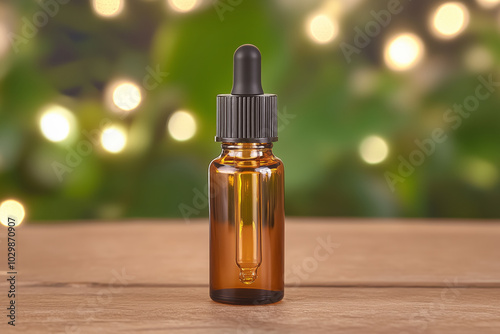 An amber glass dropper bottle with a black cap sits on a wooden surface, with a blurred green and bokeh background