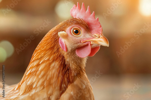 Obraz na płótnie A brown chicken with a sharp beak and vibrant comb, illuminated by soft, warm sunlight w salonie