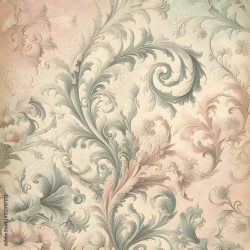 floral background, weathered vintage wallpaper with soft floral details