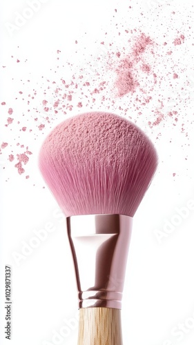 Make up brushes with Pink powder splashes isolated on studio backdrop,Makeup artist tools,an array of professional make-up brushesshowcasing beauty tools for daily makeup application.