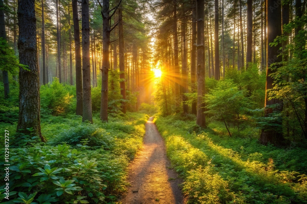 Fototapeta premium Serene sunrise hike through lush forest trail illuminated by first light of dawn