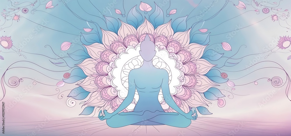 A meditative figure in a yoga pose with flowing mandala patterns surrounding them