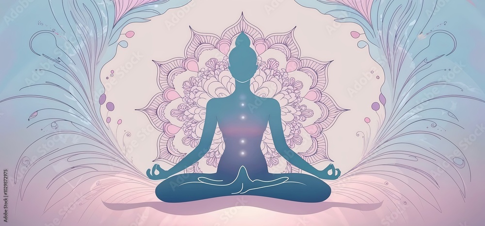 A meditative figure in a yoga pose with flowing mandala patterns surrounding them