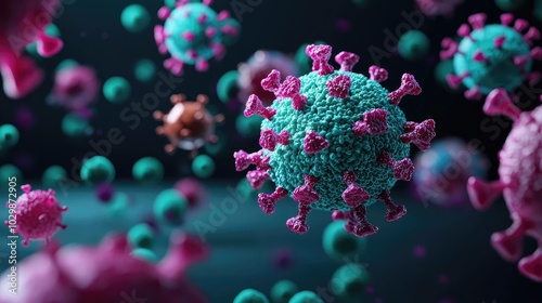 3D rendering of virus particles in vibrant colors, dark background