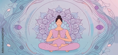 A meditative figure in a yoga pose with flowing mandala patterns surrounding them