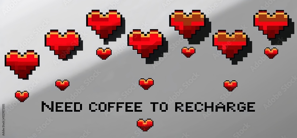 Pixelated 8-bit heart icons arranged in a sequence with the caption “Need Coffee to Recharge.”