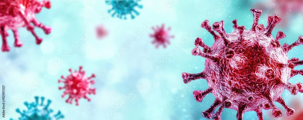 Colorful virus cells on a light blue background, abstract digital illustration. Colorful virus cells on a light blue background, abstract digital illustration.