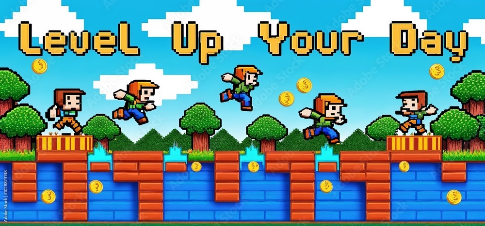 A side-scrolling game level featuring classic pixel art characters and obstacles, with the text