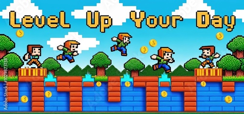 Obraz na płótnie A side-scrolling game level featuring classic pixel art characters and obstacles, with the text