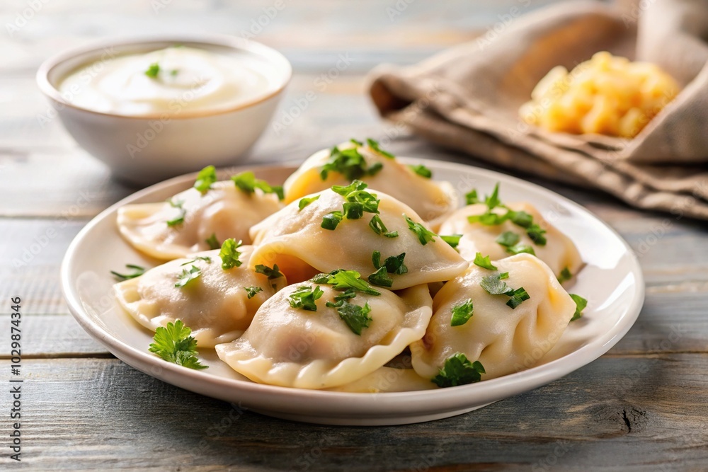 Traditional homemade Polish pierogis served with sour cream and parsley Traditional homemade Polish pierogis served with sour cream and parsley