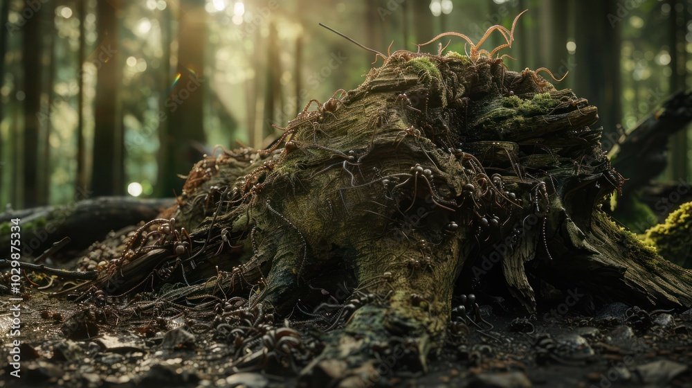 Fototapeta premium Ants on a Tree Stump in a Forest