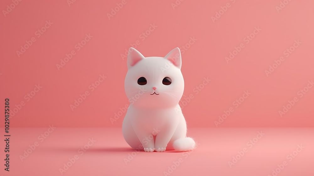 A happy cat character with big, twinkling eyes sitting in the middle of a soft pink wallpaper, designed in kawaii style with a clean and minimal background. 8k UHD, suitable for high-quality 