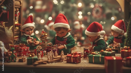 Cheerful elves working in Santa’s workshop