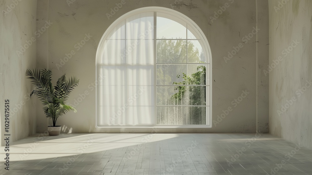 Arm glass window empty room white wall, wooden floor with plant yard Arm glass window empty room white wall, wooden floor with plant yard