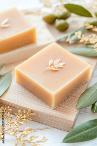 Handcrafted Fall Soaps Displayed in Elegant Caramel and Cream Hues with Olive Leaves and Golden Autumn Decorations on a Beautiful Wooden Surface photo