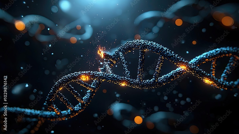 Close-up view of DNA strands with glowing elements on a dark background. Close-up view of DNA strands with glowing elements on a dark background.