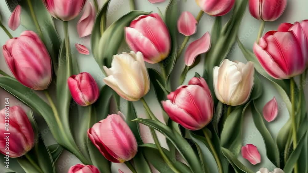 A bouquet of pink and white tulips with green leaves and petals scattered on a light blue background A bouquet of pink and white tulips with green leaves and petals scattered on a light blue background
