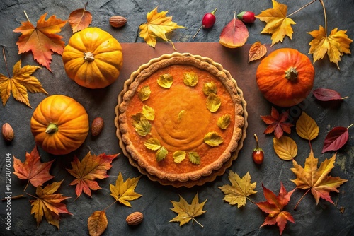 Fall Homemade Pumpkin Cake and Tart on Grunge Black Stone Table with Dry Leaves â€“ Classic Thanksgiving Pastry, Flat Lay Autumn Concept for Banner, Poster, and Flyer