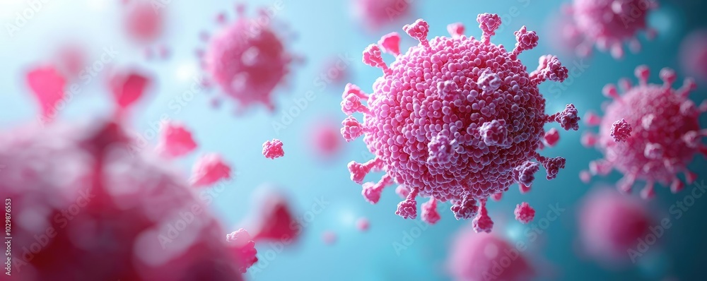 3D render of virus cells on a blue background, vibrant illustration, infectious disease. 3D render of virus cells on a blue background, vibrant illustration, infectious disease.