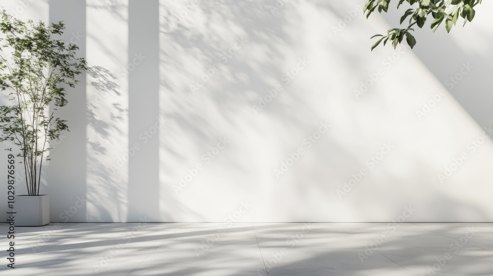 Bright, minimalistic interior with shadow play and greenery, perfect for modern design themes and serene atmospheres. Bright, minimalistic interior with shadow play and greenery, perfect for modern design themes and serene atmospheres.
