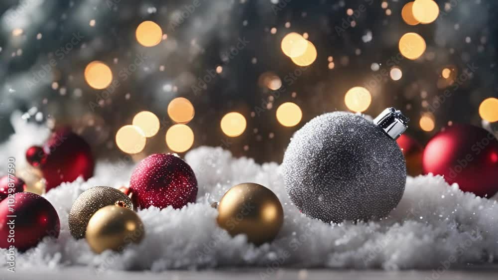 Bright Christmas decorations on a red background with snow, featuring festive ornaments and a holiday theme Bright Christmas decorations on a red background with snow, featuring festive ornaments and a holiday theme