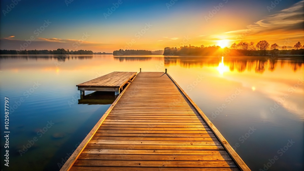 Obraz premium Tranquil lake dock at golden hour with warm reflections
