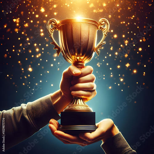Winner prize goblet, Hand holding gold trophy cup. Winner trophy award.