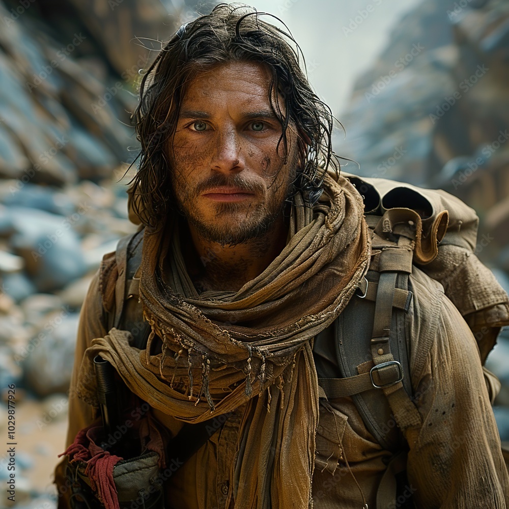 Obraz premium Intense Portrait of a Rugged Explorer in the Wilderness