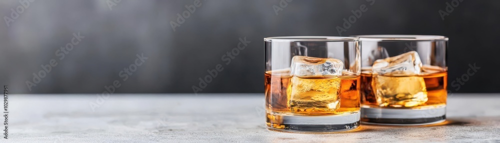 Classic highball glasses filled with ice and fine whiskey arranged neatly on a table, luxury dining, spirits and cocktails Classic highball glasses filled with ice and fine whiskey arranged neatly on a table, luxury dining, spirits and cocktails
