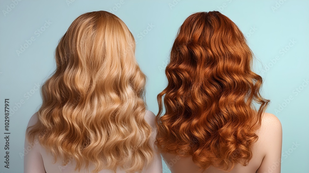Fototapeta premium Before-and-after of curly hair treated with standard products and honey, highlighting improved hydration and curl structure, Digital Rendering, Soft Focus