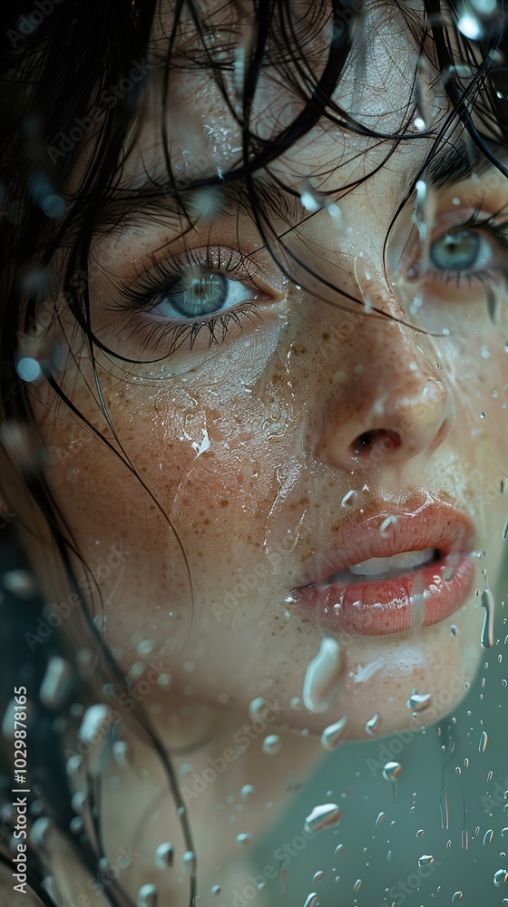 Close-up Portrait of a Woman with Water Drops on Her Face Close-up Portrait of a Woman with Water Drops on Her Face