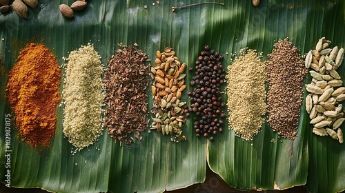 Fototapeta Naklejka Na Ścianę i Meble -  A variety of whole and ground spices laid out on banana leaves, typical of a South Indian spice market